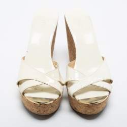 Pre Owned Jimmy Choo Off White Patent Leather Criss Cross Prima Cork Wedge Sandals Size 41