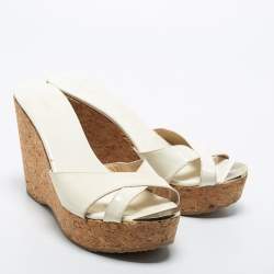 Pre Owned Jimmy Choo Off White Patent Leather Criss Cross Prima Cork Wedge Sandals Size 41