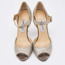 Jimmy Choo Gold Coarse Glitter Peep Toe Ankle Strap Sandals Size 38.5