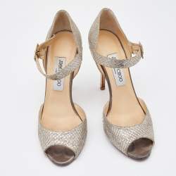 Jimmy Choo Gold Coarse Glitter Peep Toe Ankle Strap Sandals Size 38.5