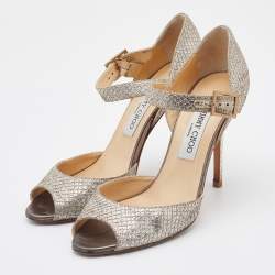 Jimmy Choo Gold Coarse Glitter Peep Toe Ankle Strap Sandals Size 38.5