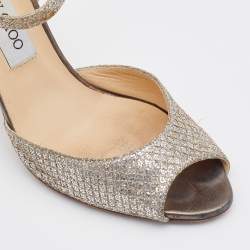 Jimmy Choo Gold Coarse Glitter Peep Toe Ankle Strap Sandals Size 38.5