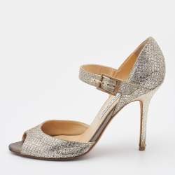 Jimmy Choo Gold Coarse Glitter Peep Toe Ankle Strap Sandals Size 38.5