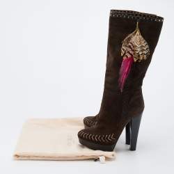 Pre Owned Jimmy Choo Dark Brown Suede Knee Length Platform Boots Size 38.5
