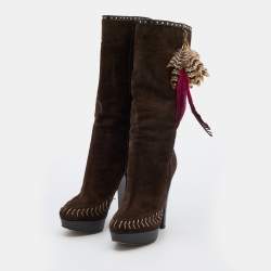 Pre Owned Jimmy Choo Dark Brown Suede Knee Length Platform Boots Size 38.5