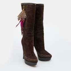 Pre Owned Jimmy Choo Dark Brown Suede Knee Length Platform Boots Size 38.5