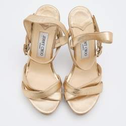 Jimmy Choo Gold Leather Criss Cross Ankle Strap Sandals Size 37