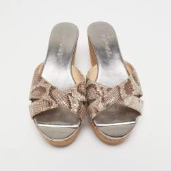 مملوكة مسبقًا Jimmy Choo Brown/Beige Python Embossed Leather Prima Wedge Sandals Size 37.5
