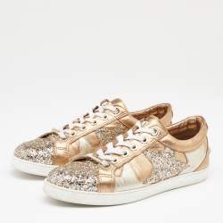 Pre Owned Jimmy Choo Gold/Silver Leather and Glitter Low Top Sneakers Size 39