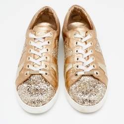 Pre Owned Jimmy Choo Gold/Silver Leather and Glitter Low Top Sneakers Size 39