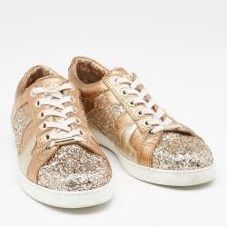 Pre Owned Jimmy Choo Gold/Silver Leather and Glitter Low Top Sneakers Size 39