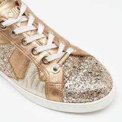 Pre Owned Jimmy Choo Gold/Silver Leather and Glitter Low Top Sneakers Size 39