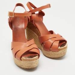 Pre Owned Jimmy Choo Brown Leather Platform Wedge Ankle Sandals Size 38