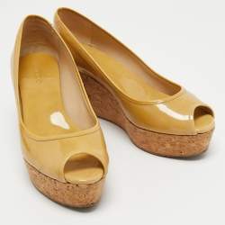 Pre Owned Jimmy Choo Yellow Patent Leather Parley Wedge Pumps Size 41