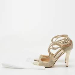 Pre Owned Jimmy Choo Gold Glitter and Leather Ankle Strap  Sandals Size 38