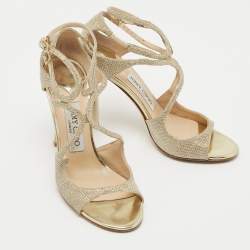 Pre Owned Jimmy Choo Gold Glitter and Leather Ankle Strap  Sandals Size 38