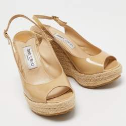 Jimmy Choo Beige Patent Leather Espadrille Wedge Sandals Size 39