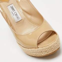 Jimmy Choo Beige Patent Leather Espadrille Wedge Sandals Size 39