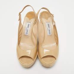 Jimmy Choo Beige Patent Leather Espadrille Wedge Sandals Size 39