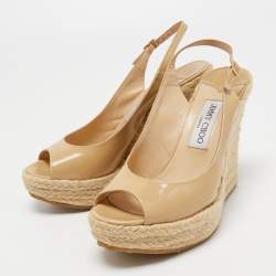 Jimmy Choo Beige Patent Leather Espadrille Wedge Sandals Size 39