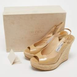 Jimmy Choo Beige Patent Leather Espadrille Wedge Sandals Size 39