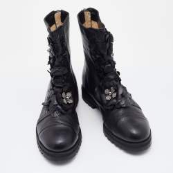 Pre Owned Jimmy Choo Black Leather Embellished Ankle Length Boots Size 37