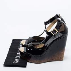 Pre Owned Jimmy Choo Black Patent Leather Pela Cork Wedge Sandals Size 37.5
