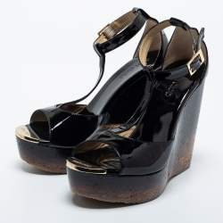 Pre Owned Jimmy Choo Black Patent Leather Pela Cork Wedge Sandals Size 37.5