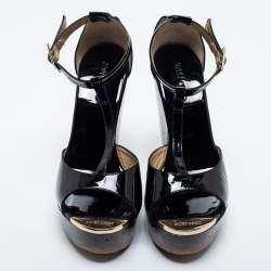 Pre Owned Jimmy Choo Black Patent Leather Pela Cork Wedge Sandals Size 37.5