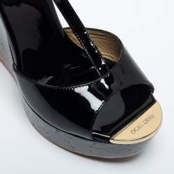 Pre Owned Jimmy Choo Black Patent Leather Pela Cork Wedge Sandals Size 37.5