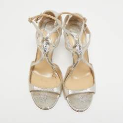 Pre Owned Jimmy Choo Light Gold Laminated Suede Lang Ankle Strap Sandals Size 41