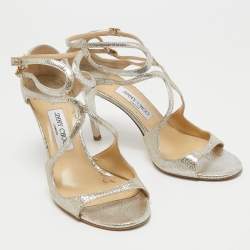 Pre Owned Jimmy Choo Light Gold Laminated Suede Lang Ankle Strap Sandals Size 41