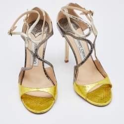 Pre Owned Jimmy Choo Tricolor Python Leather Strappy Sandals Size 38