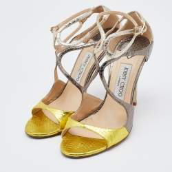 Pre Owned Jimmy Choo Tricolor Python Leather Strappy Sandals Size 38