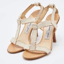 Pre Owned Jimmy Choo Off White Canvas T Strap Sandals Size 37