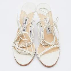 Pre Owned Jimmy Choo White Leather Ankle Wrap Wedge Sandals Size 37.5