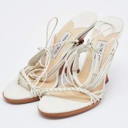 Pre Owned Jimmy Choo White Leather Ankle Wrap Wedge Sandals Size 37.5