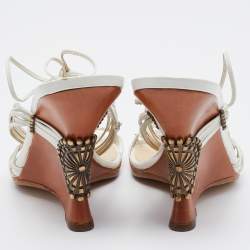Pre Owned Jimmy Choo White Leather Ankle Wrap Wedge Sandals Size 37.5