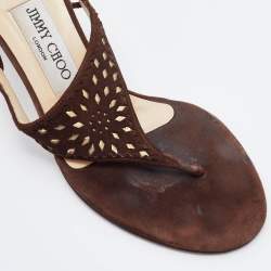 Jimmy Choo Brown Suede Laser Cutout Thong Sandals Size 37