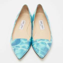 Pre Owned Jimmy Choo Blue Swimming Pool Print Patent Leather Attila Ballet Flats Size 37.5