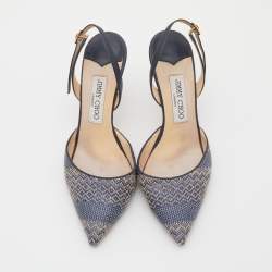 Pre Owned Jimmy Choo Navy Blue Woven Fabric and Leather Slingback Sandals Size 38