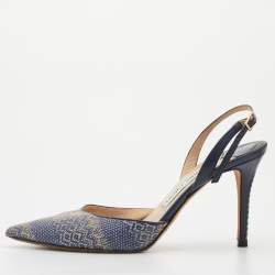 Pre Owned Jimmy Choo Navy Blue Woven Fabric and Leather Slingback Sandals Size 38