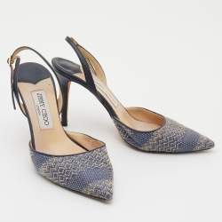 Pre Owned Jimmy Choo Navy Blue Woven Fabric and Leather Slingback Sandals Size 38