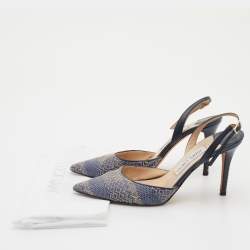 Pre Owned Jimmy Choo Navy Blue Woven Fabric and Leather Slingback Sandals Size 38