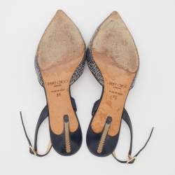 Pre Owned Jimmy Choo Navy Blue Woven Fabric and Leather Slingback Sandals Size 38