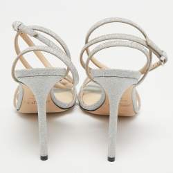 مملوكة مسبقًا Jimmy Choo Silver Glitter and Leather Ankle Strap Sandals Size 39.5