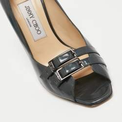 Pre Owned Jimmy Choo Metallic Grey Patent Leather Double Buckle Pumps Size 39.5
