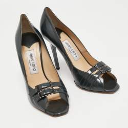 Pre Owned Jimmy Choo Metallic Grey Patent Leather Double Buckle Pumps Size 39.5