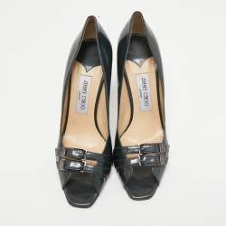Pre Owned Jimmy Choo Metallic Grey Patent Leather Double Buckle Pumps Size 39.5