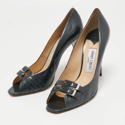 Pre Owned Jimmy Choo Metallic Grey Patent Leather Double Buckle Pumps Size 39.5